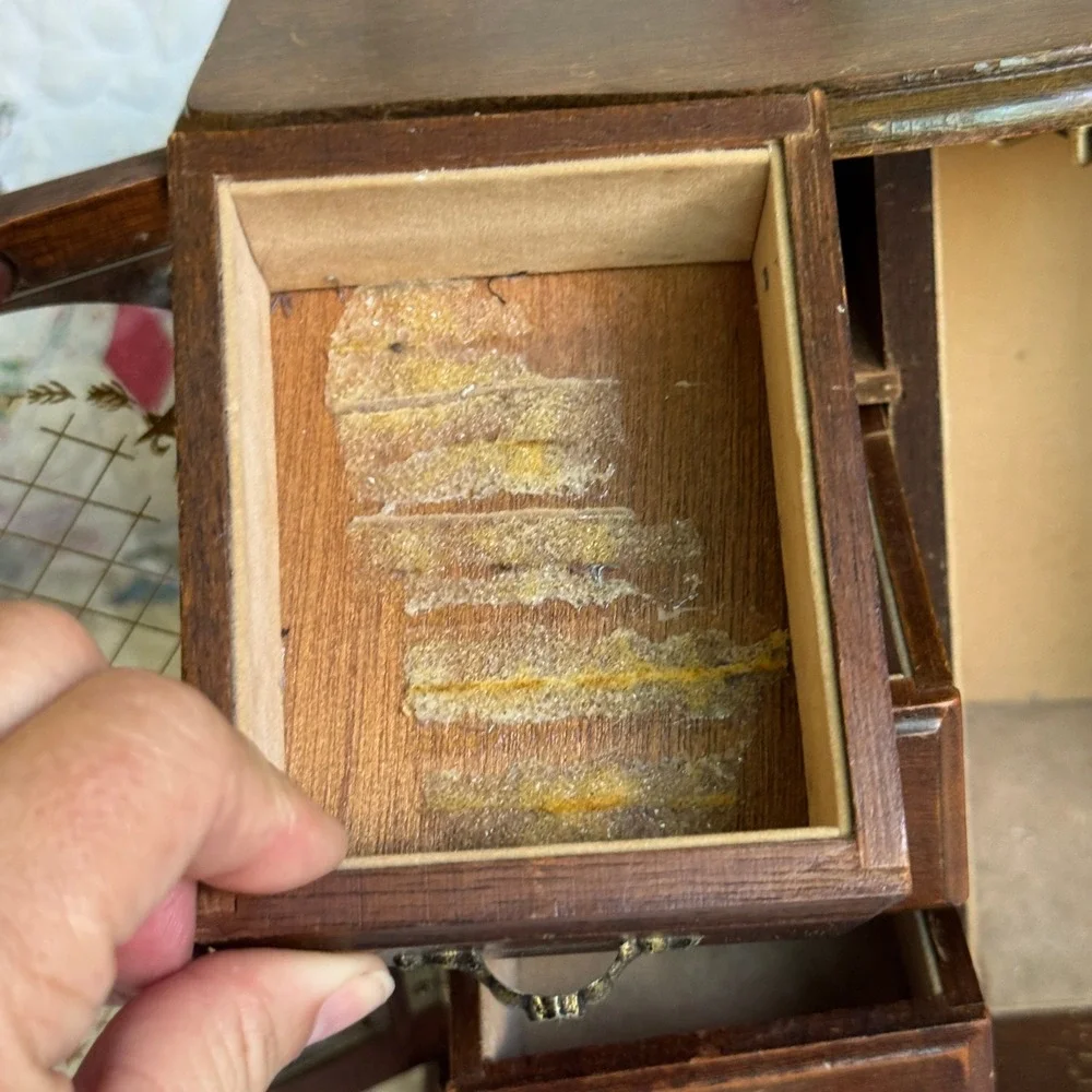 Vintage Wooden Jewelry Armoire Box Etched Glass Carousel Drawers Keepsake MCM